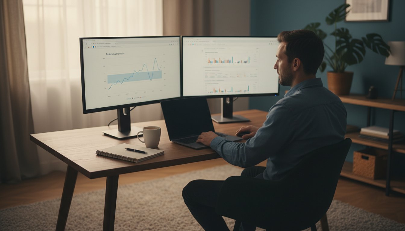 Agence netlinking - consultant SEO analysant un profil de backlinks sur ordinateur