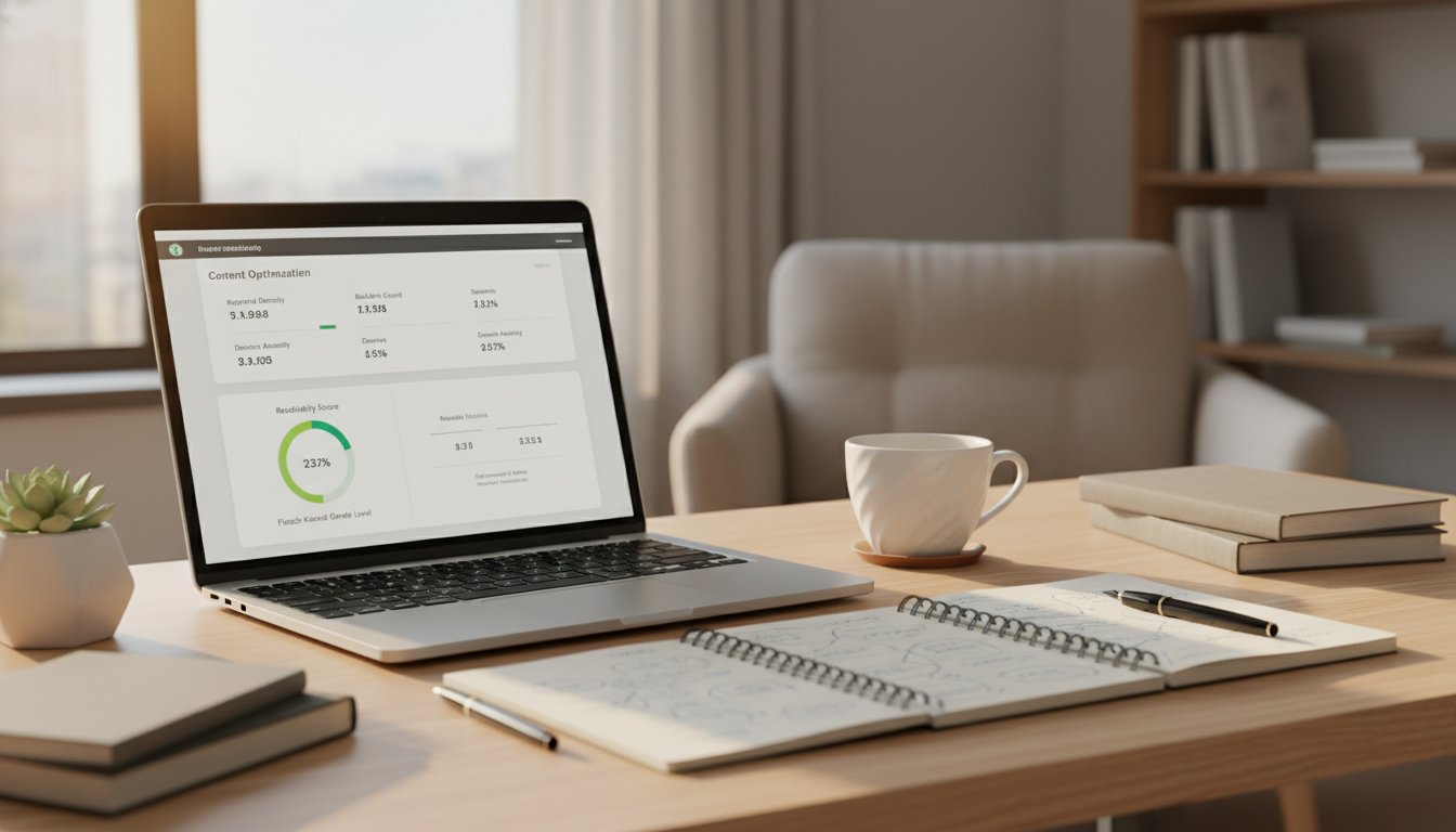 Contenu SEO optimisé - espace de travail professionnel avec outils de rédaction