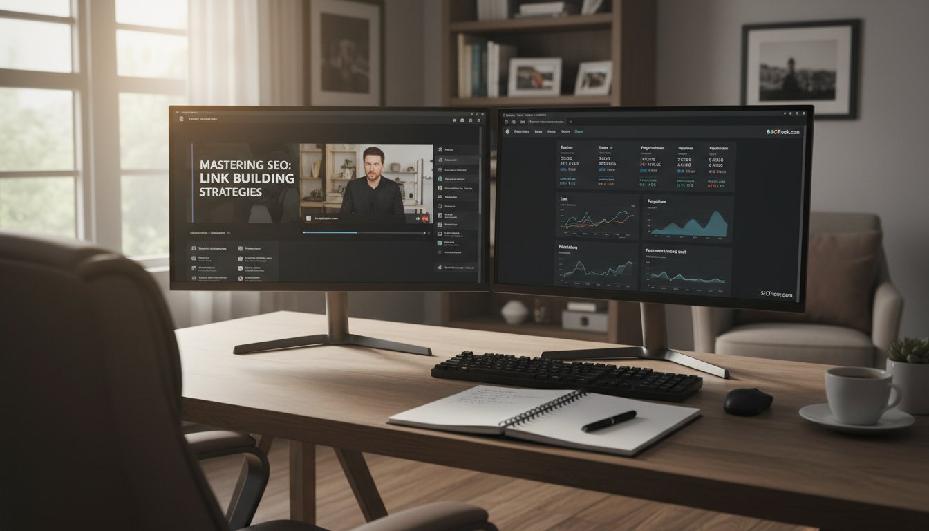 Formation référencement naturel - écran de plateforme d'apprentissage SEO et tableau de bord analytics