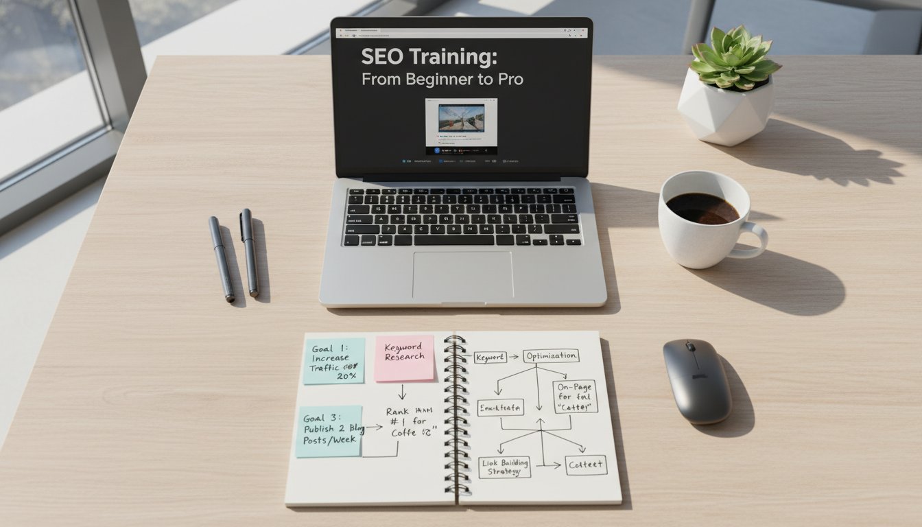 Formation référencement naturel - bureau organisé avec laptop et cahier de méthodologie SEO