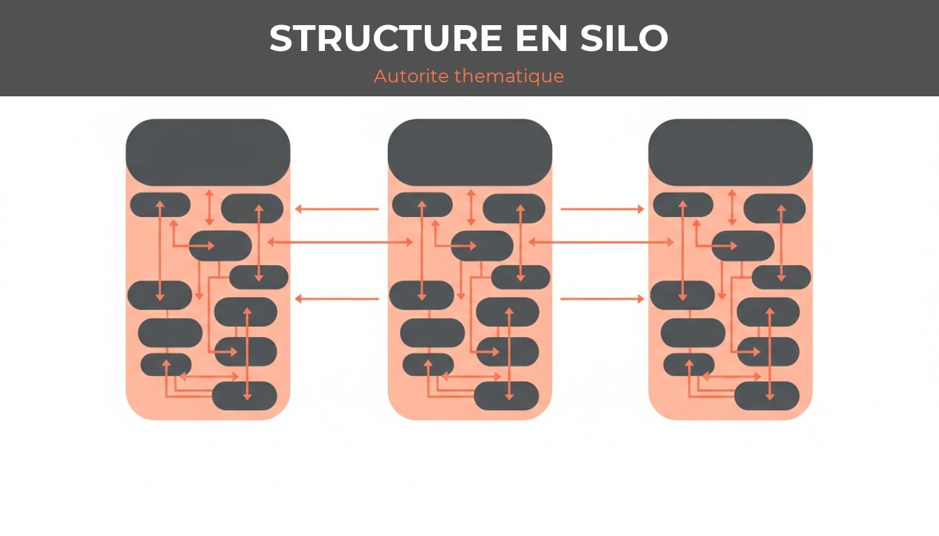 arborescence site web seo - schéma de structure en silo avec pages piliers et pages filles