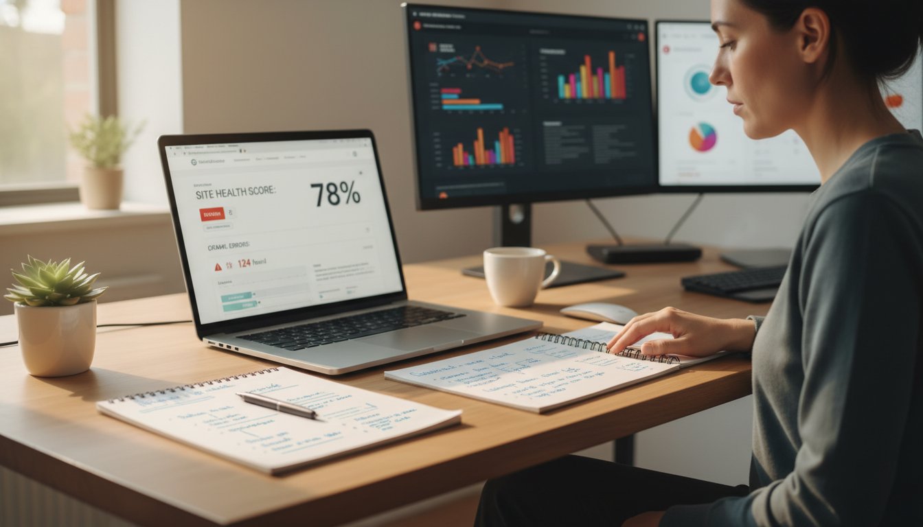 Audit SEO freelance - consultant independant analysant un rapport d'audit sur ordinateur