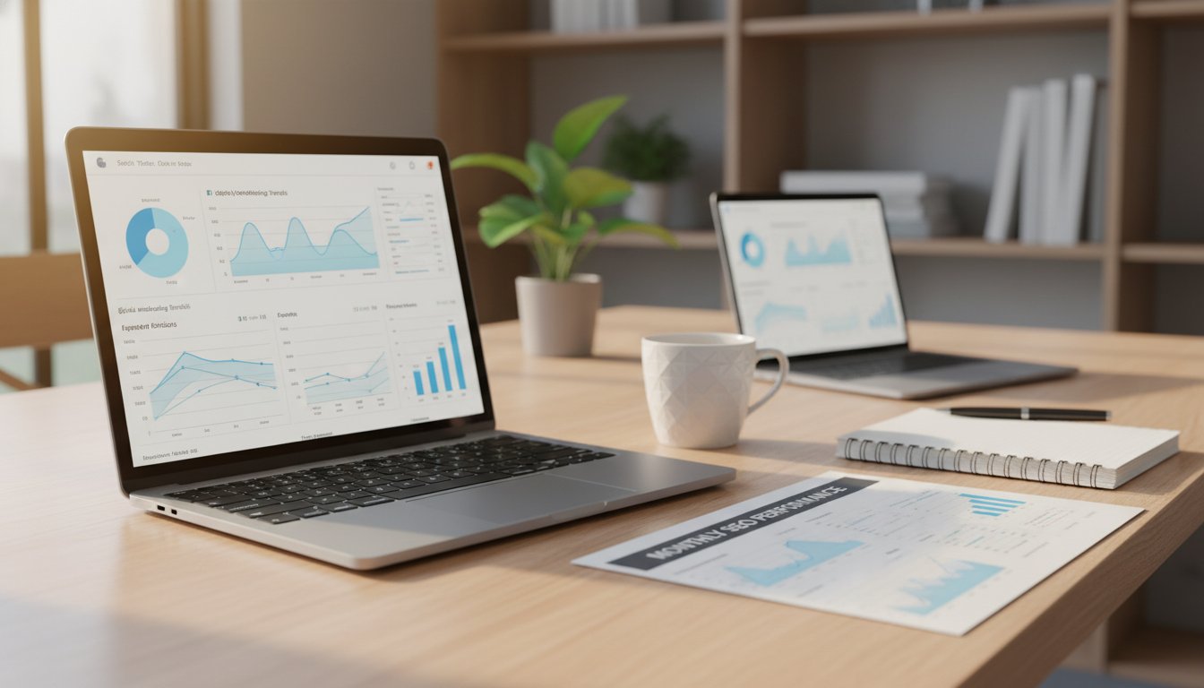 Exemple de rapport SEO - tableau de bord mensuel et rapport imprimé sur un bureau