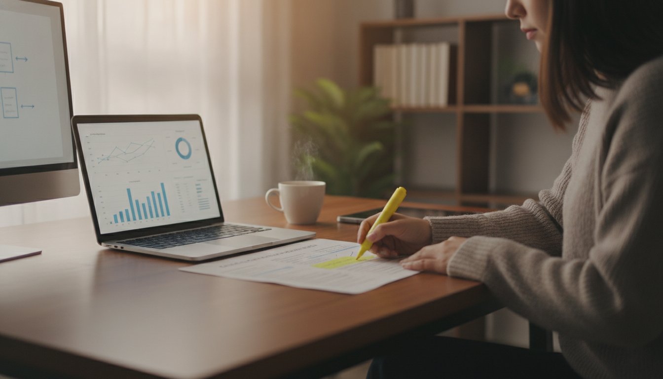 YourText Guru avis - rédacteur travaillant sur un brief sémantique avec liste de mots-clés recommandés