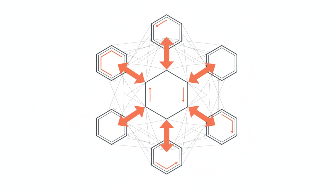 Cocon sémantique SEO - architecture hexagonale de pages reliées à une page pilier centrale